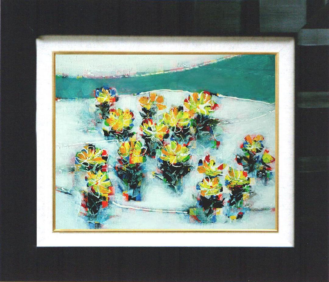 油絵 菅家令子 絵画インテリア額付(青緑＋金色の枠)F4-091416 福寿草