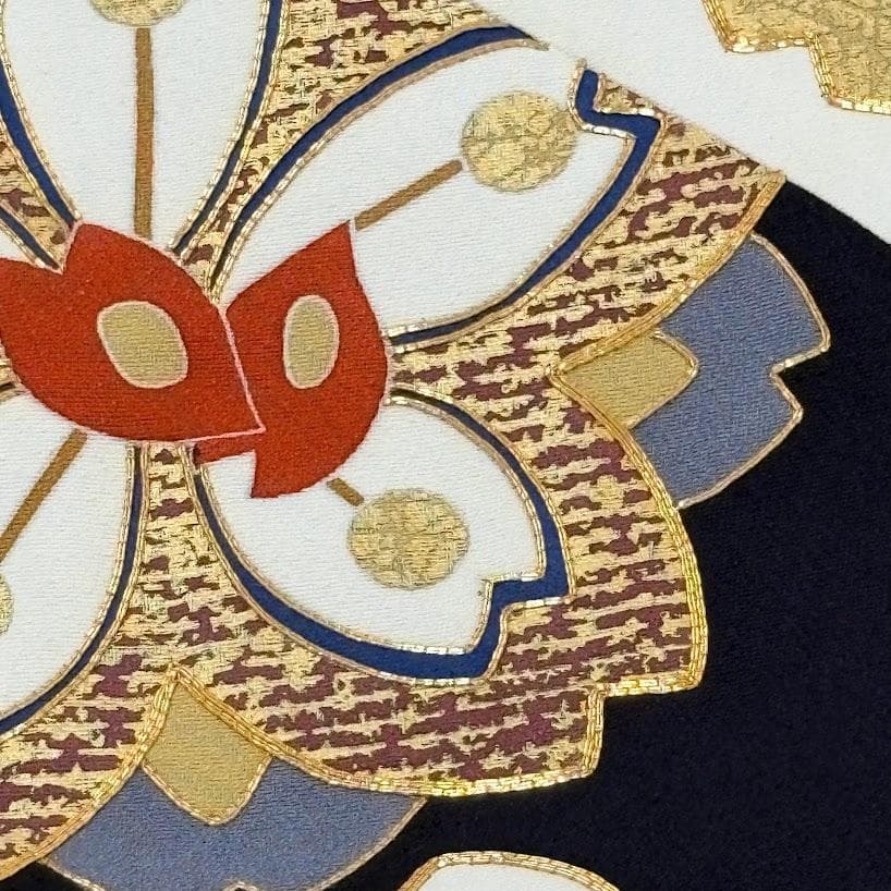 ゆりのはな　本振袖　京友禅金彩加工　金駒刺繍　ちりめん　紺/紫色　正絹　I403