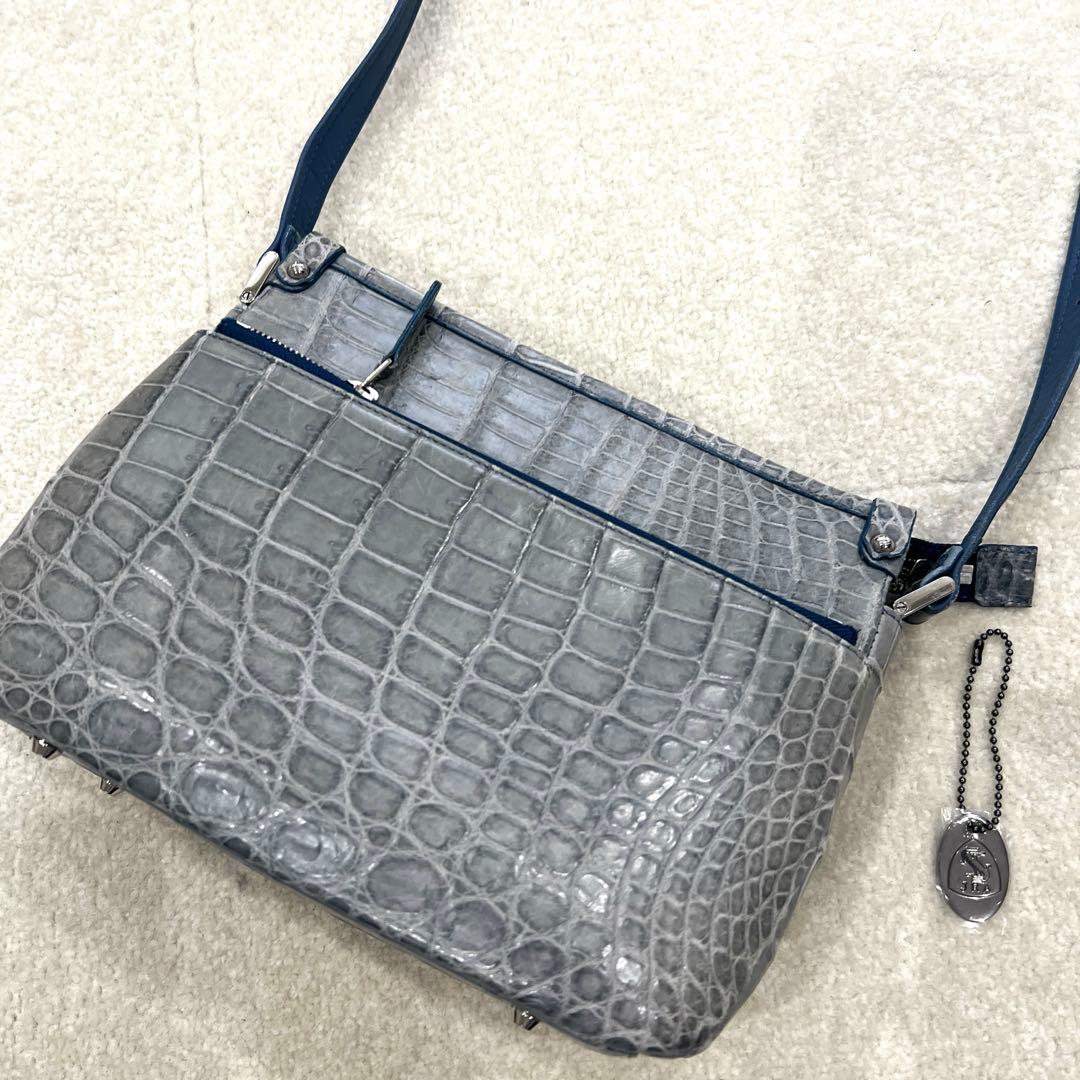 り*様 【極美品】　JRA認定　クロコダイル　ショルダーバッグ　ブルーグレー