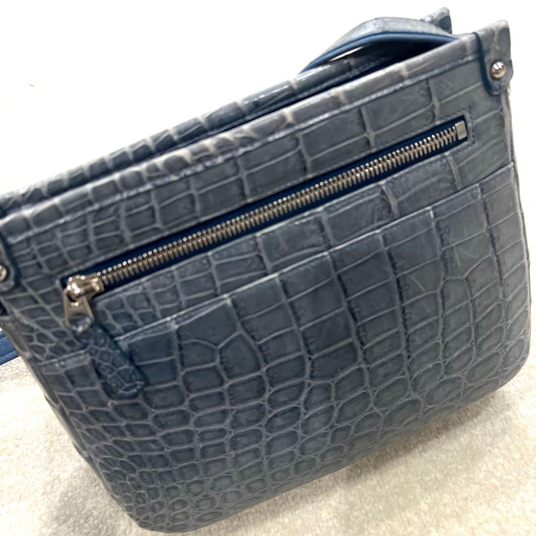 り*様 【極美品】　JRA認定　クロコダイル　ショルダーバッグ　ブルーグレー