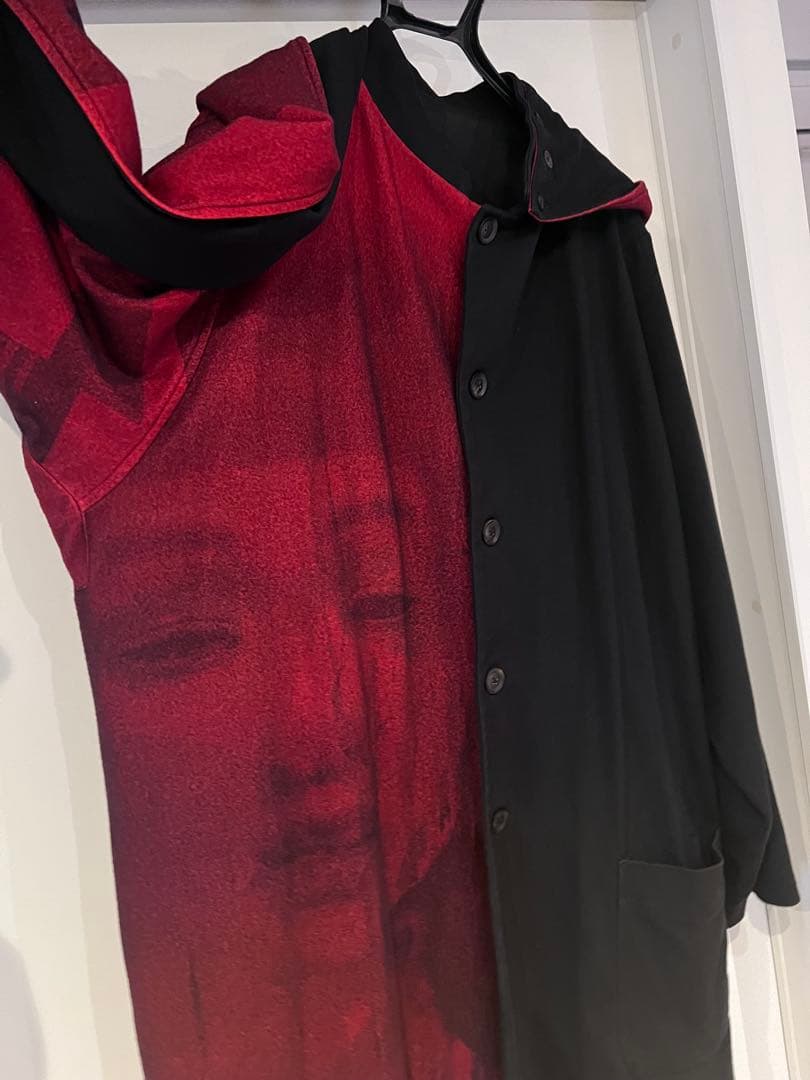 ヨウジヤマモトプールオム 18AW 赤フラノストールフード付ドレスコート