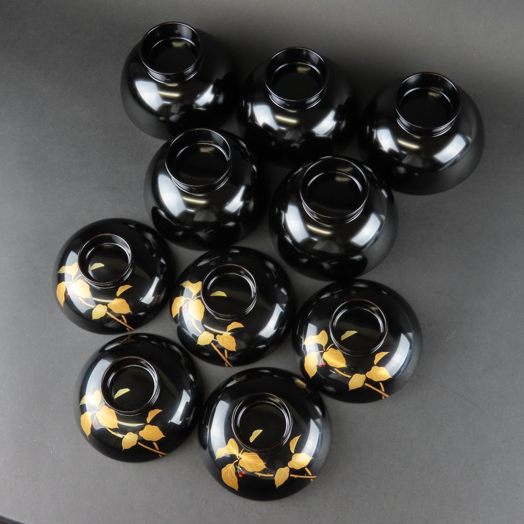 317 美品良好 極上越前塗 吸物椀５客 ソヨゴの実文様 蒔絵 木製漆器/輪島塗