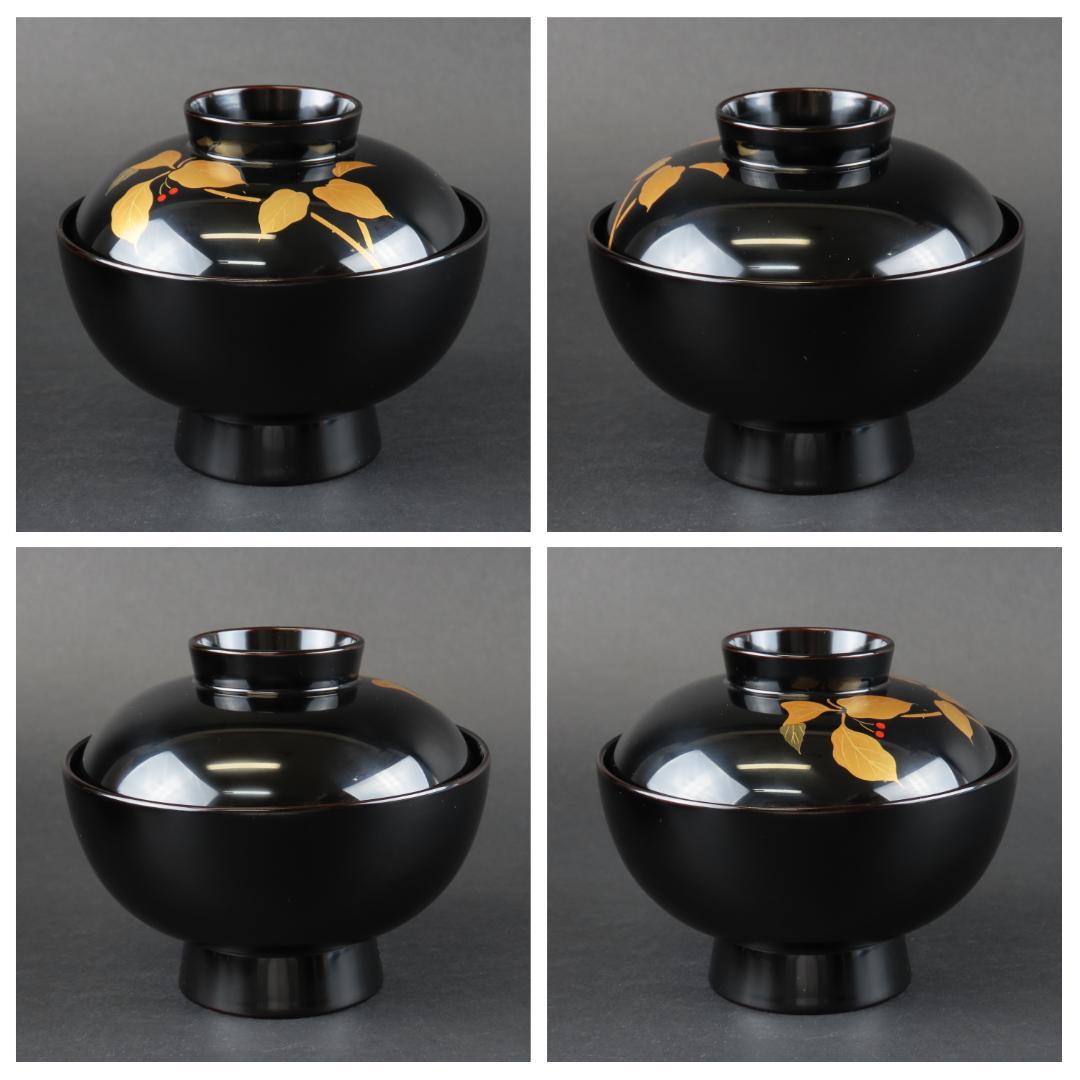 317 美品良好 極上越前塗 吸物椀５客 ソヨゴの実文様 蒔絵 木製漆器/輪島塗