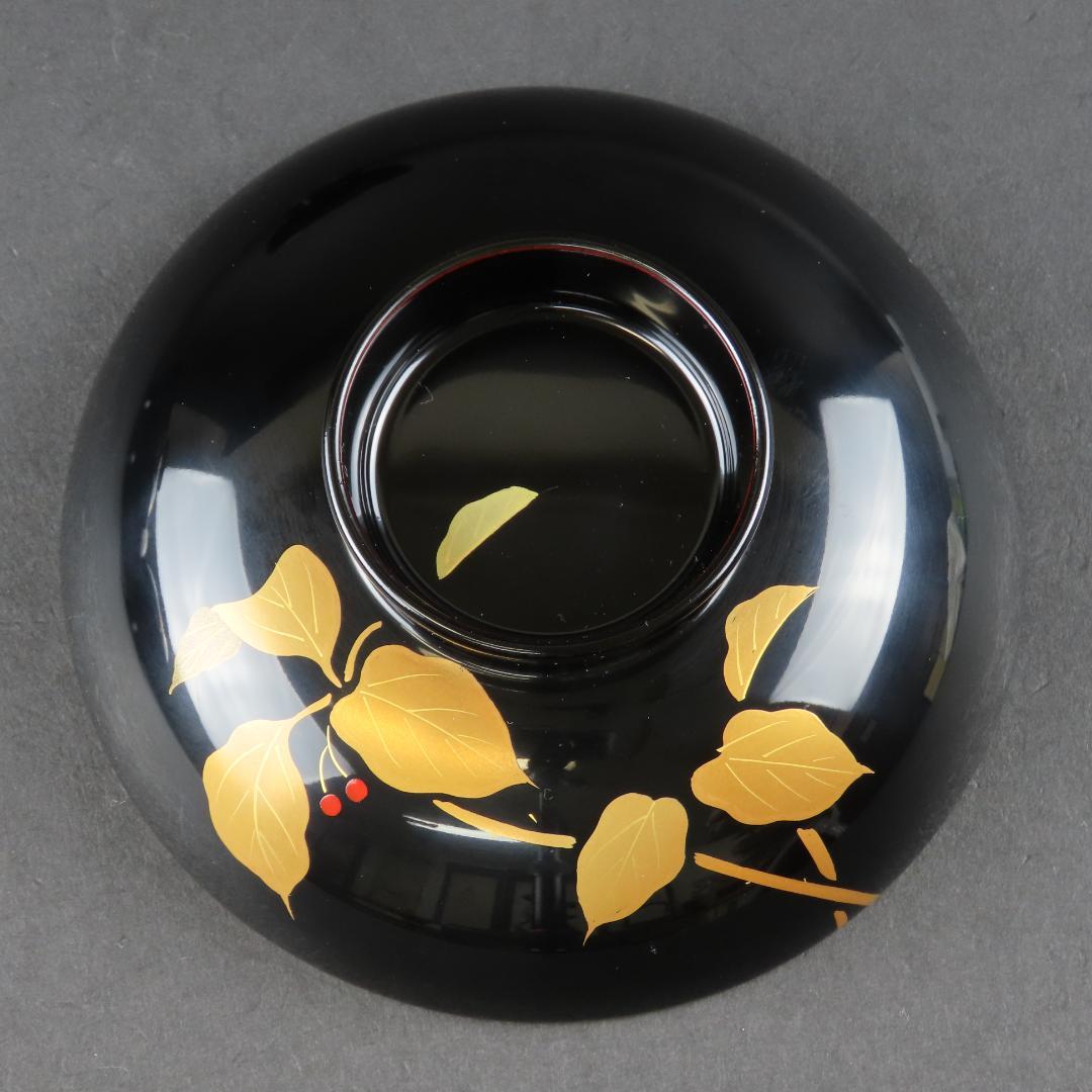 317 美品良好 極上越前塗 吸物椀５客 ソヨゴの実文様 蒔絵 木製漆器/輪島塗