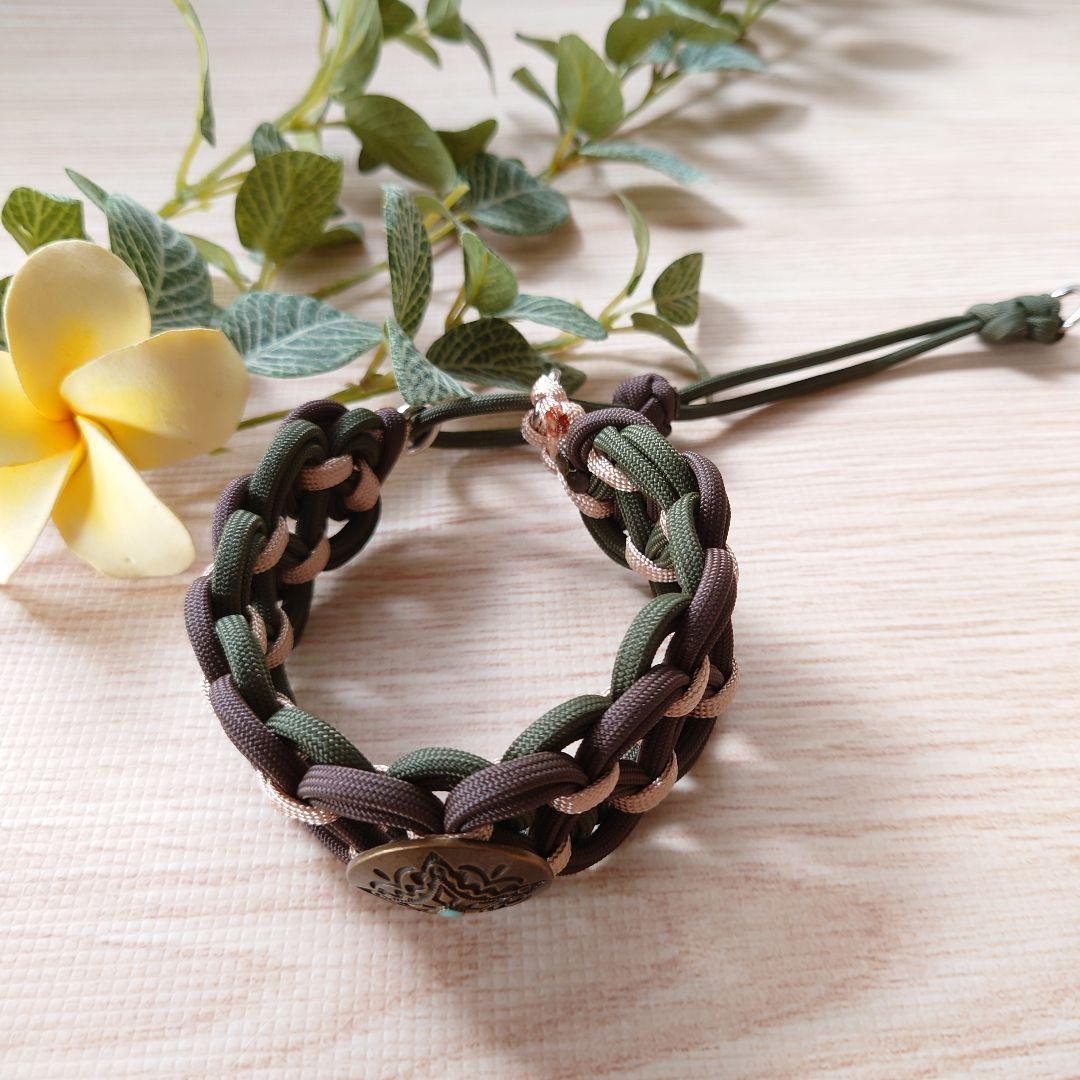 パラコード首輪　ハーフチョーク　秋カラー　オリーブ＆ブラウン　コンチョ付№101