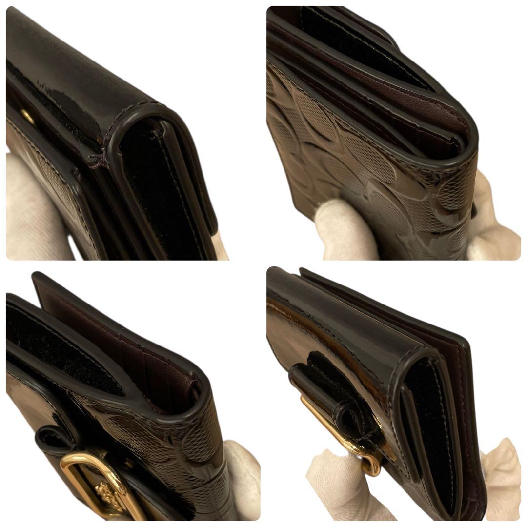 【未使用級】COACH 二つ折り財布 パテントレザー シグネチャー ブラック 黒