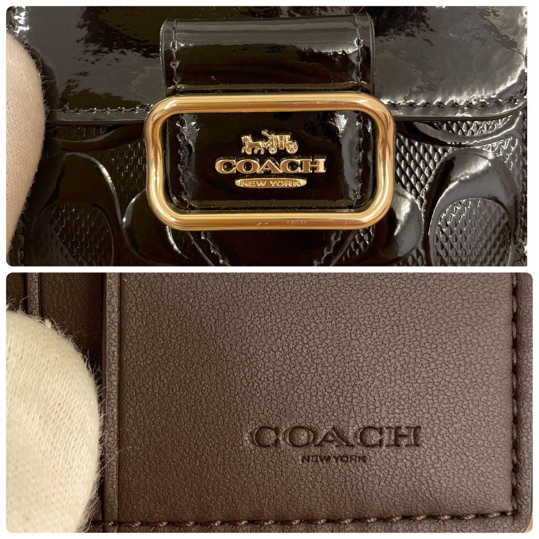 【未使用級】COACH 二つ折り財布 パテントレザー シグネチャー ブラック 黒