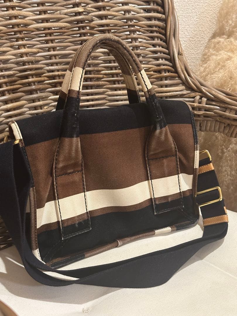 PRADA ブラウン ホワイトストライプ キャンバス地ハンドバッグ