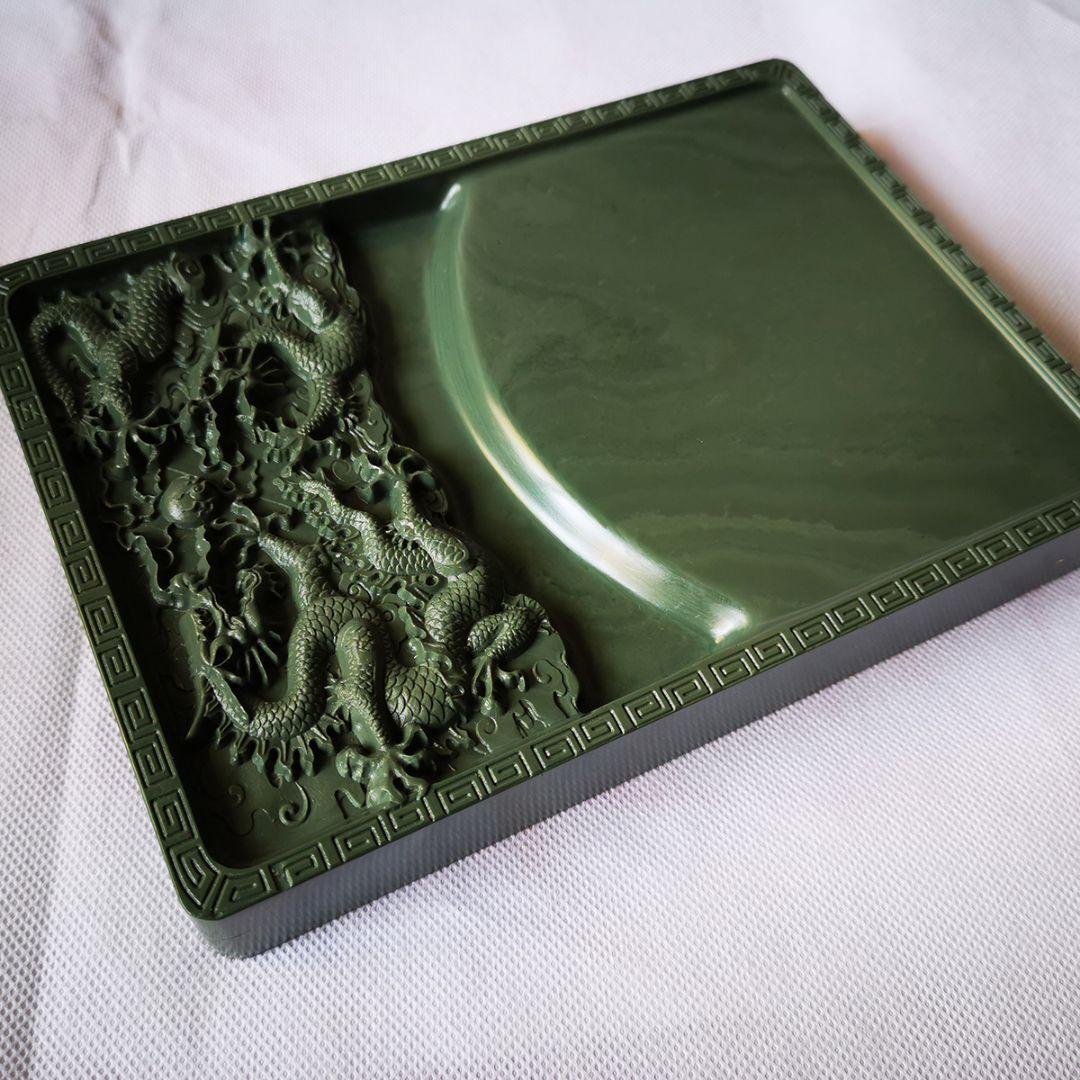 硯 松花硯 二龍戯珠硯 書道具 文房具 工芸品 美術品 置物