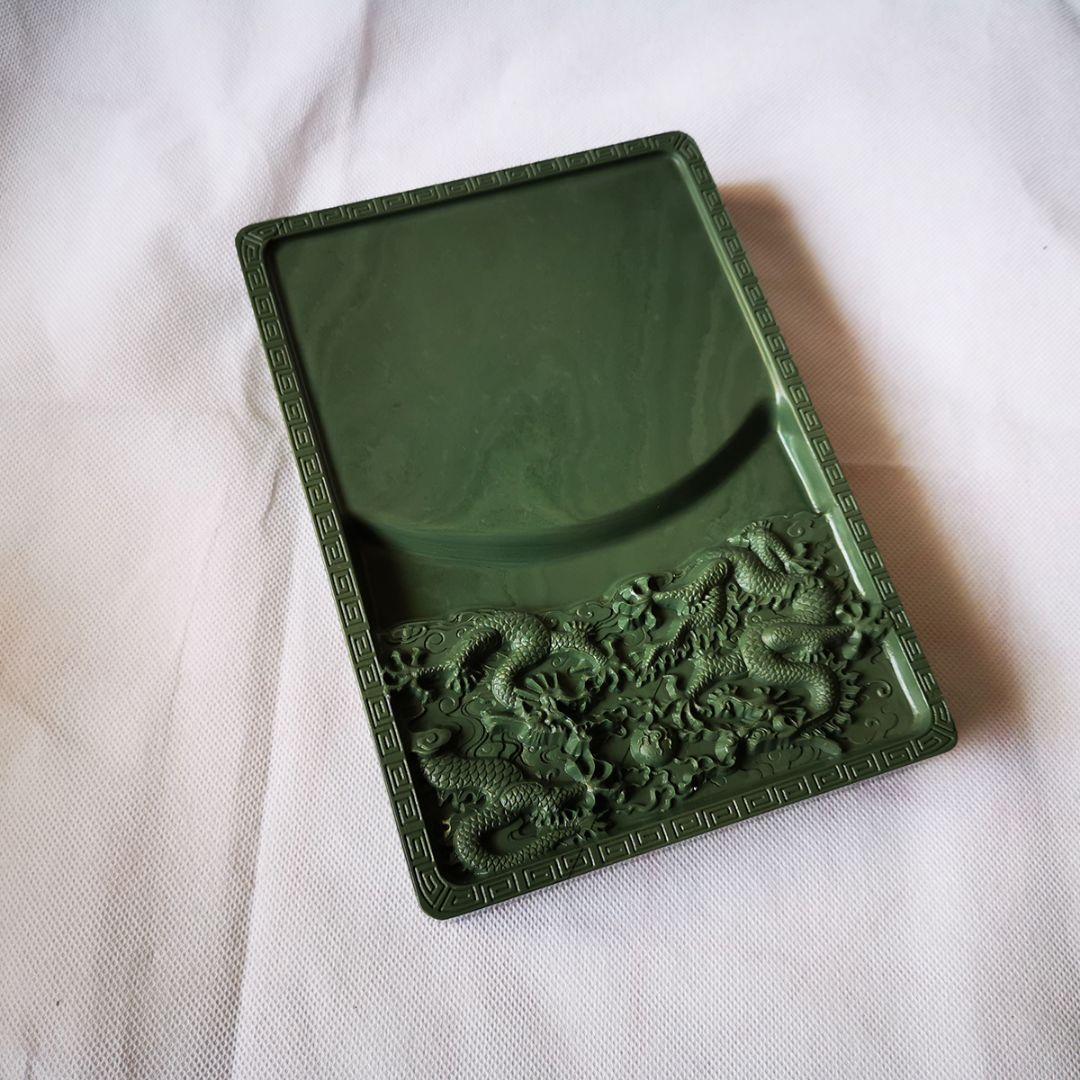 硯 松花硯 二龍戯珠硯 書道具 文房具 工芸品 美術品 置物