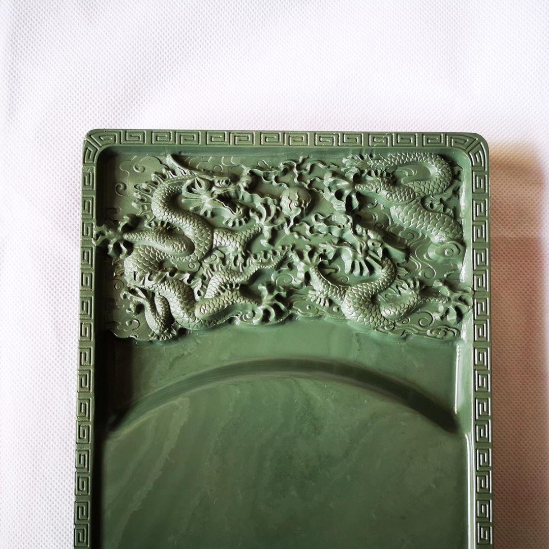 硯 松花硯 二龍戯珠硯 書道具 文房具 工芸品 美術品 置物
