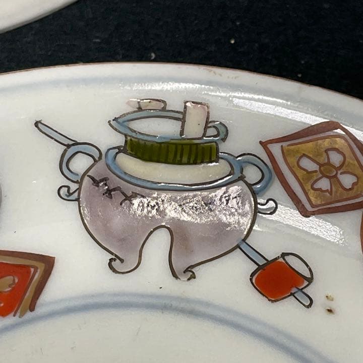 蔵出し　骨董　小皿　5枚セット　うさぎ　風炉釜　桃図