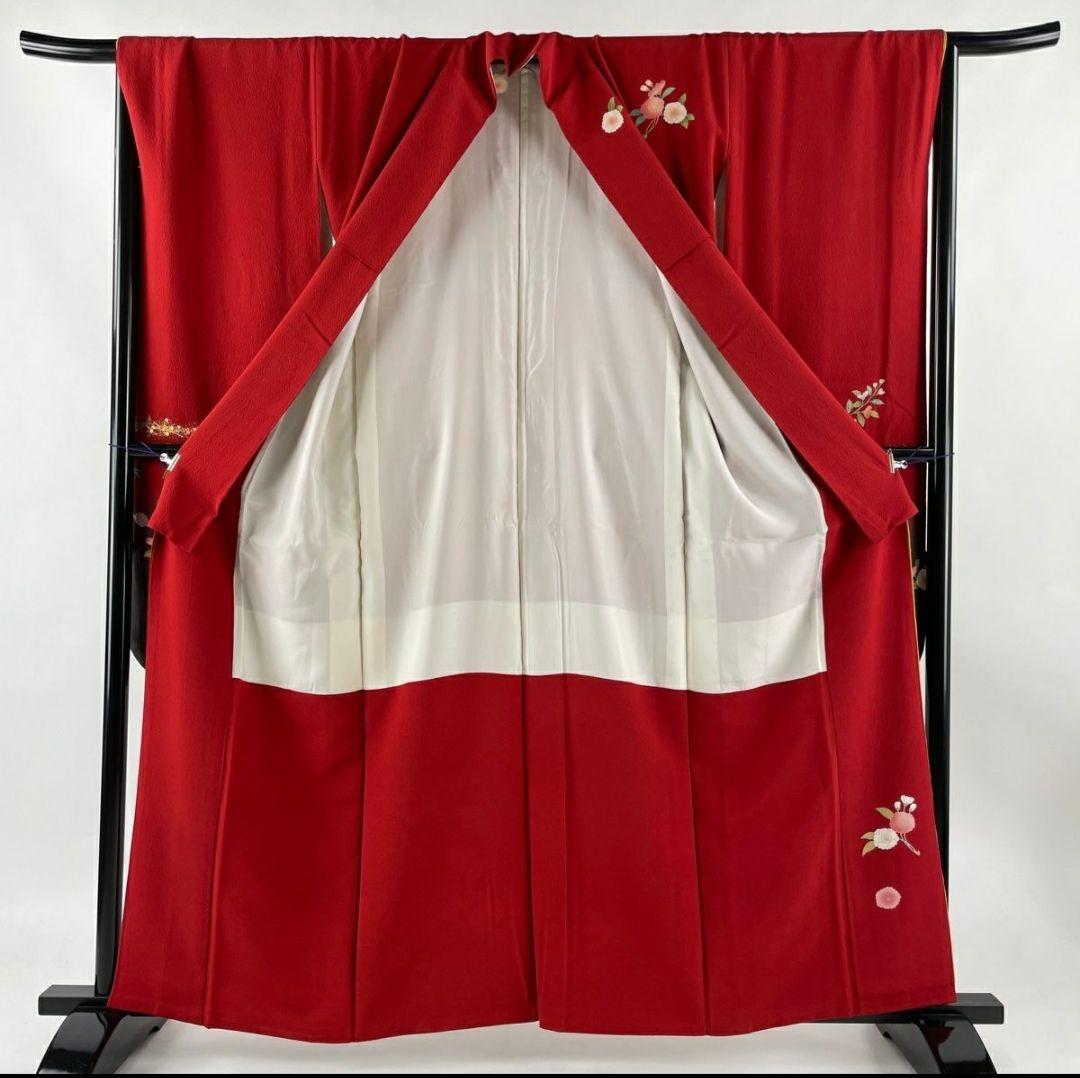 【美品】【振袖フルセット】花筏 箔散らし 金糸 刺繍 赤 正絹