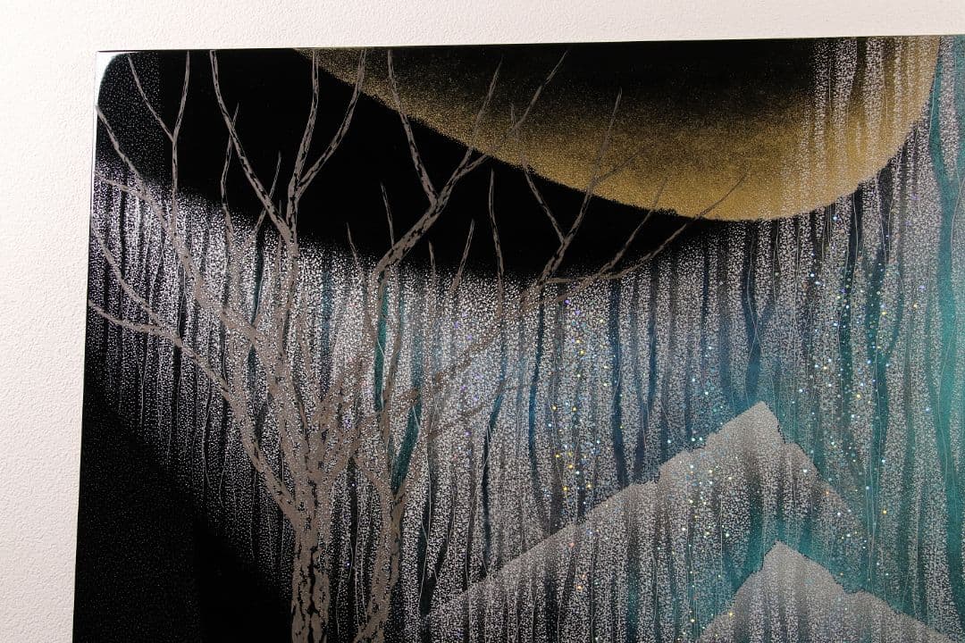 【真作】漆芸画 新木光「月夜の詩」輪島市美術展出品 額装 12号 沈金銀M865