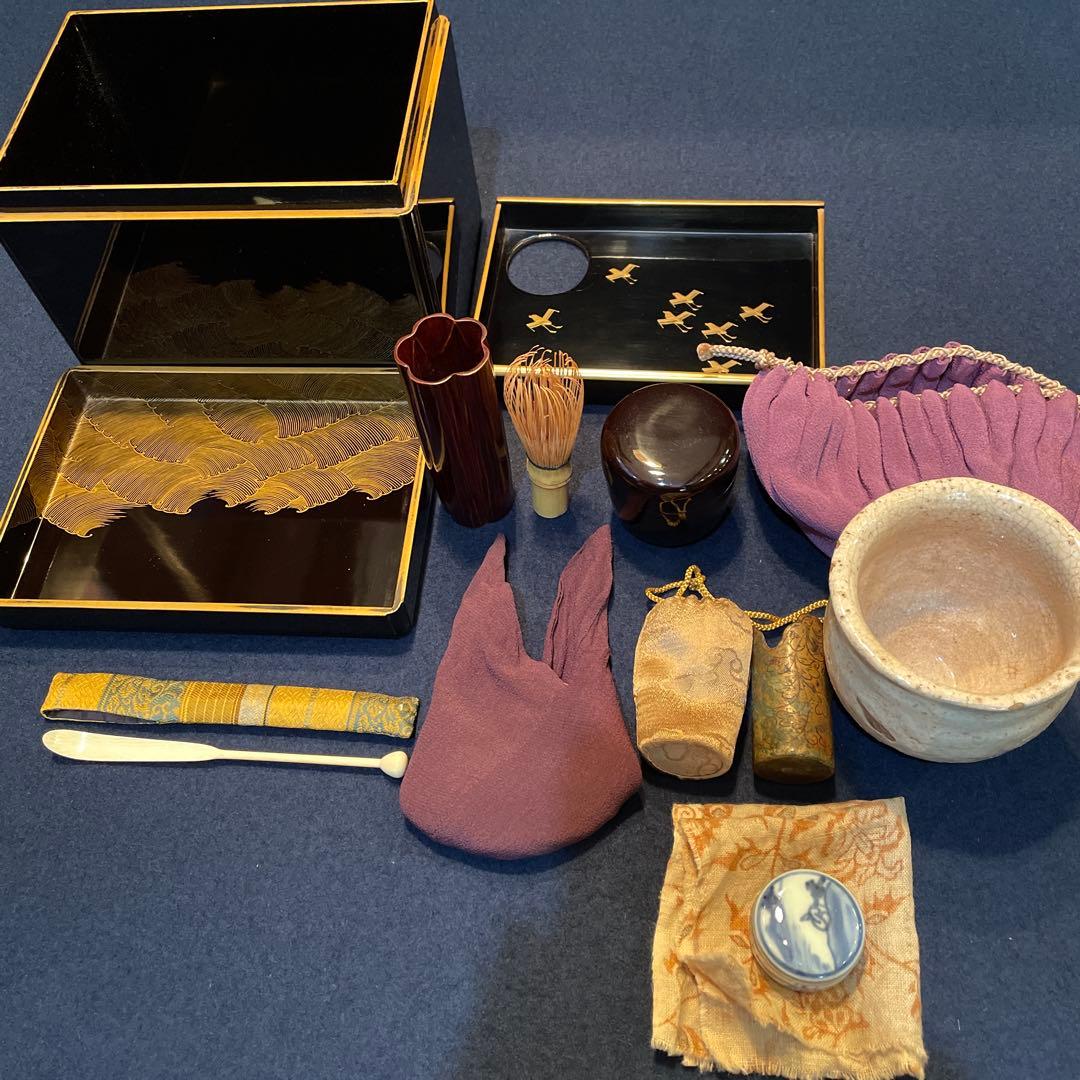茶道具　茶箱「利休茶箱」『波千鳥の蒔絵』『茶杓は舟の櫓』『大珍品』「茶箱セット」