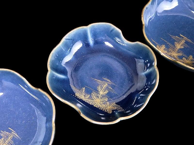 古伊万里　瑠璃　若松の図　膾皿　３客　C167AS-CTh