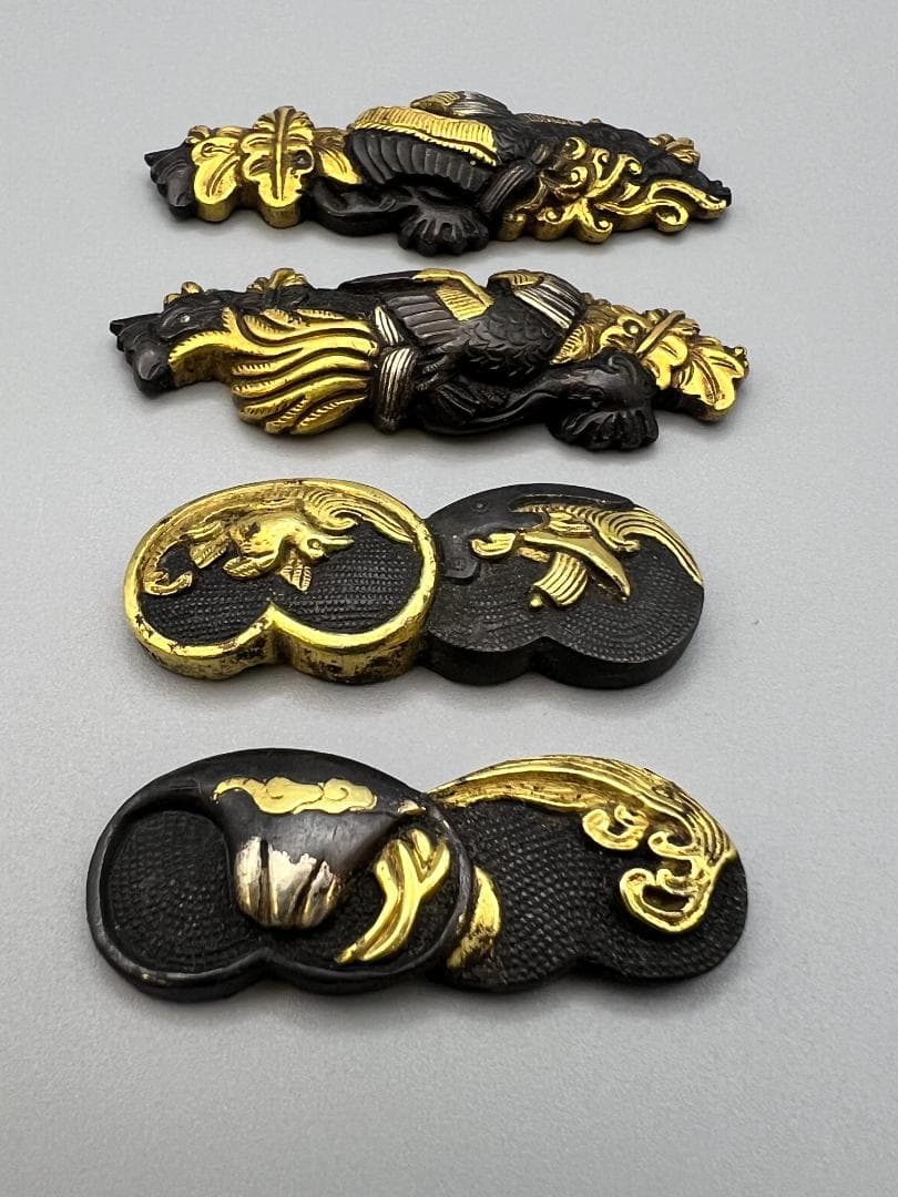 【海】江戸明治金工　鳳凰山水図　金目　手彫　目貫　４点　金銀象嵌　骨董品　元箱付