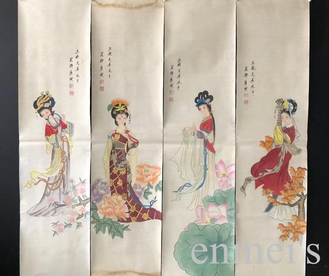 中国古美術・仕女人物四条屏画芯・唐寅印款・水墨彩色画・純手描き・文房置物・宣紙・