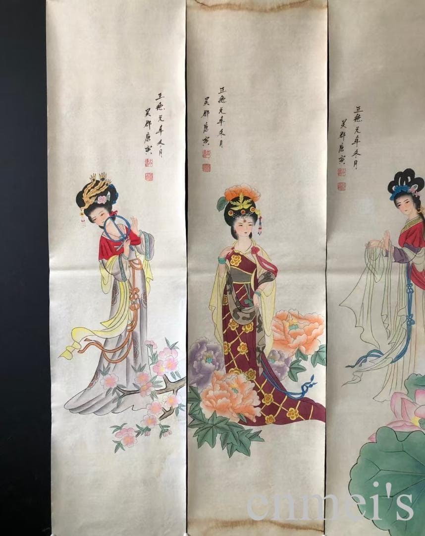 中国古美術・仕女人物四条屏画芯・唐寅印款・水墨彩色画・純手描き・文房置物・宣紙・
