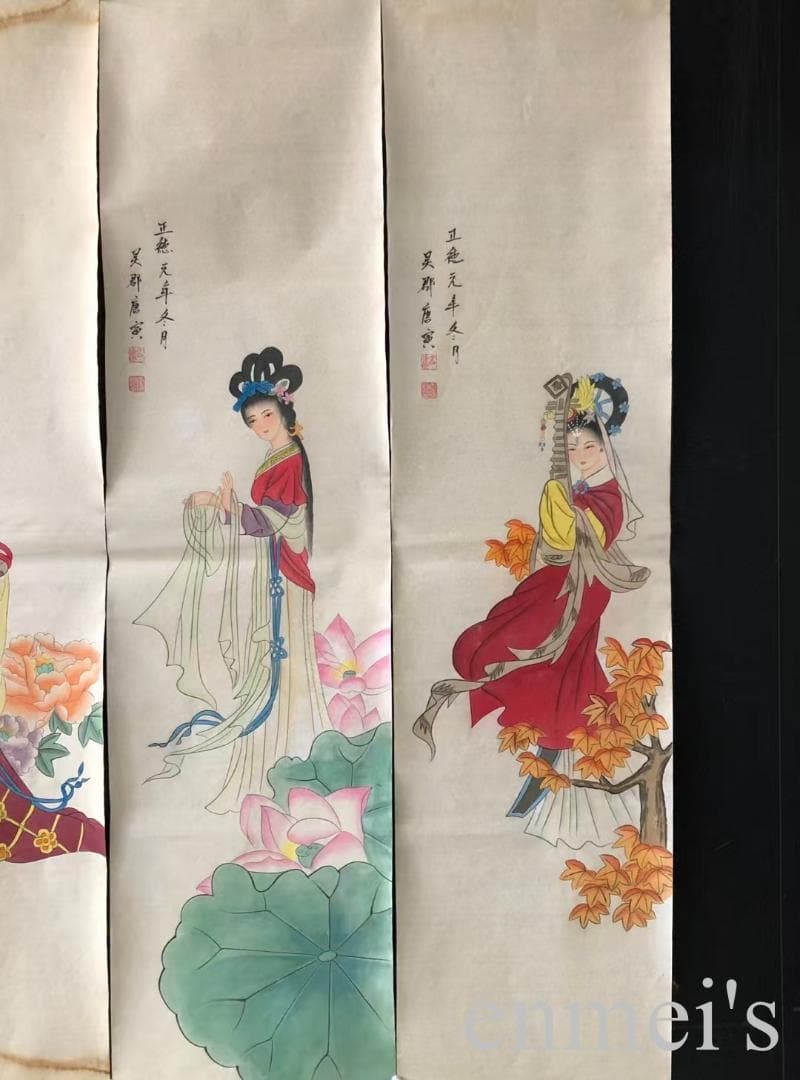 中国古美術・仕女人物四条屏画芯・唐寅印款・水墨彩色画・純手描き・文房置物・宣紙・