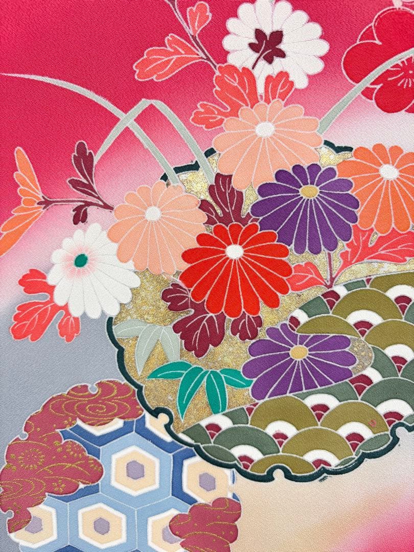 七五三着物　7才　女児　四つ身　雪輪に花々／ピンク系《子供490》#江戸小もーん