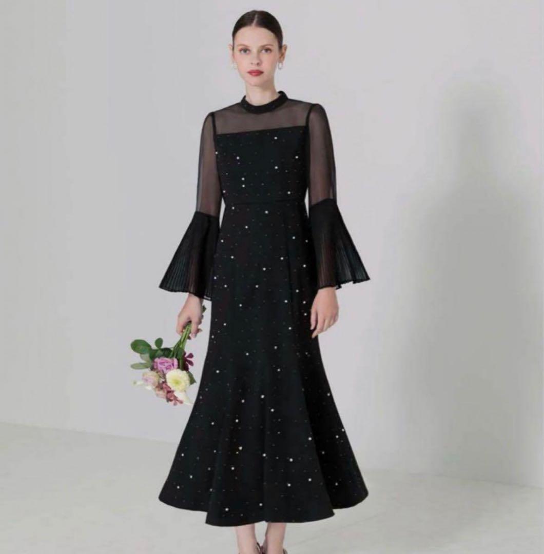 leja黒 フレアスリーブ ビーズ装飾 ドレスSサイズ