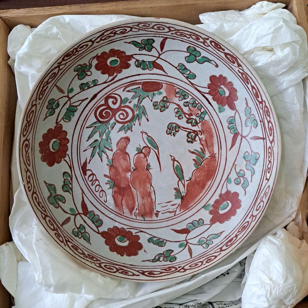 茶道具　安南呉須赤絵　16世紀頃　花鳥紋皿　　赤絵人物図　共箱入