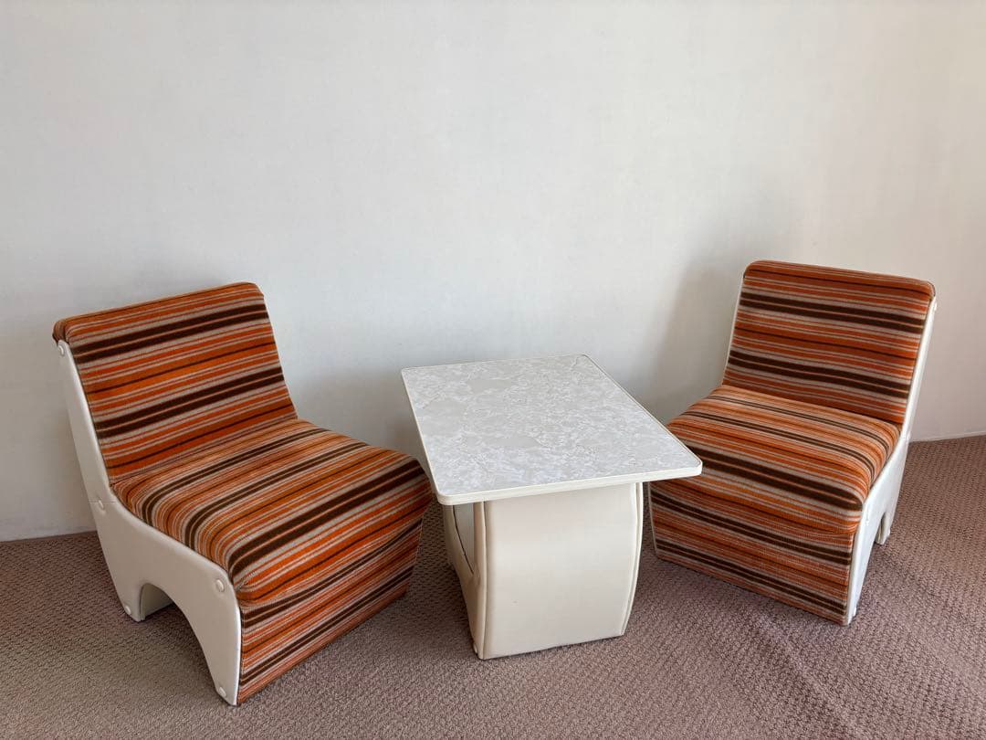 昭和レトロ◼️ミッドセンチュリー 未使用ソファセット 1970年オレンジストライプ