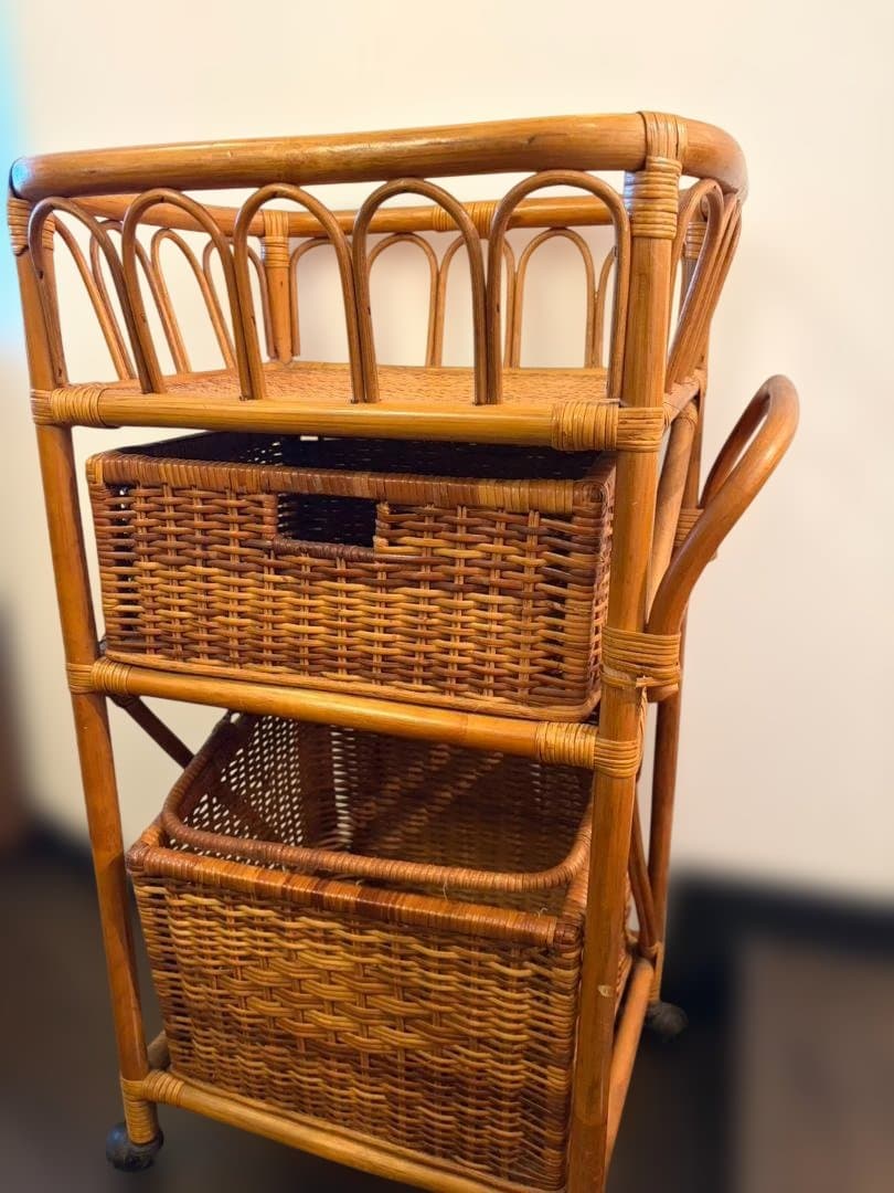 台湾製 ラタン バスケットラック 収納 キャスター付き 3段 ヴィンテージ