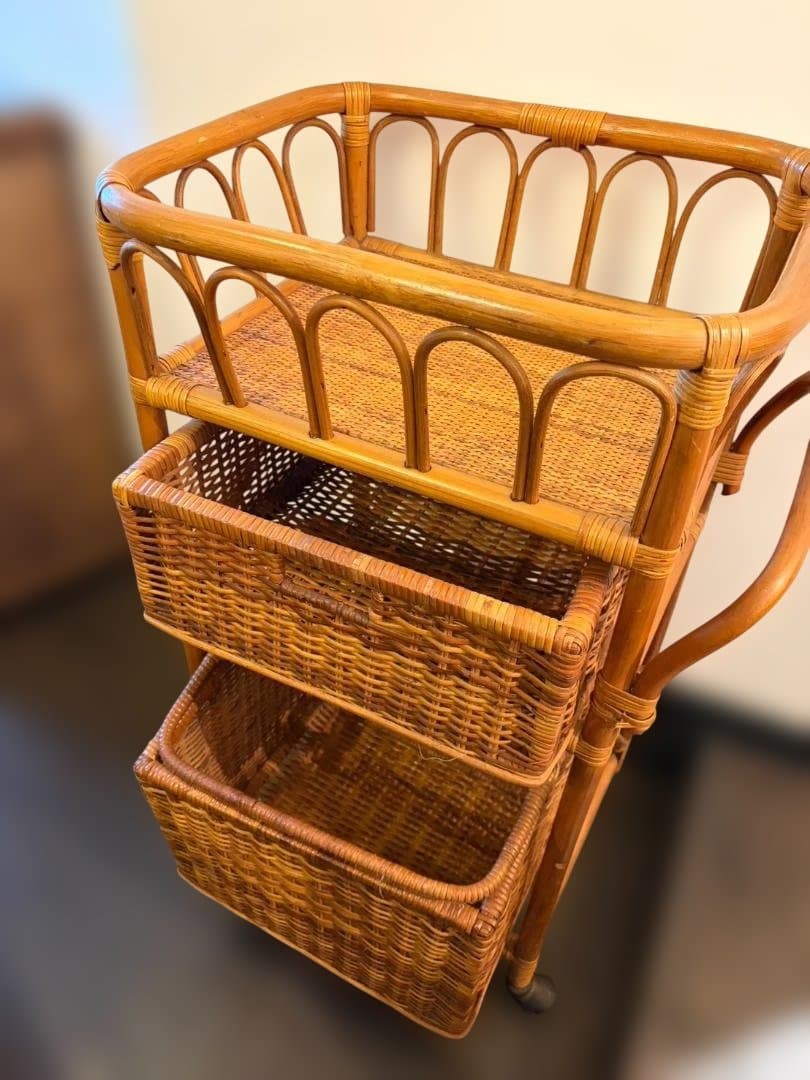 台湾製 ラタン バスケットラック 収納 キャスター付き 3段 ヴィンテージ
