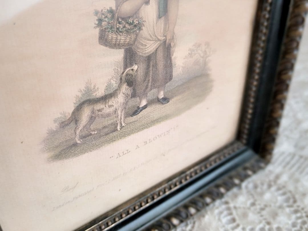 * antique picture ❀* 女の子とワンちゃんのいる 版画プリント