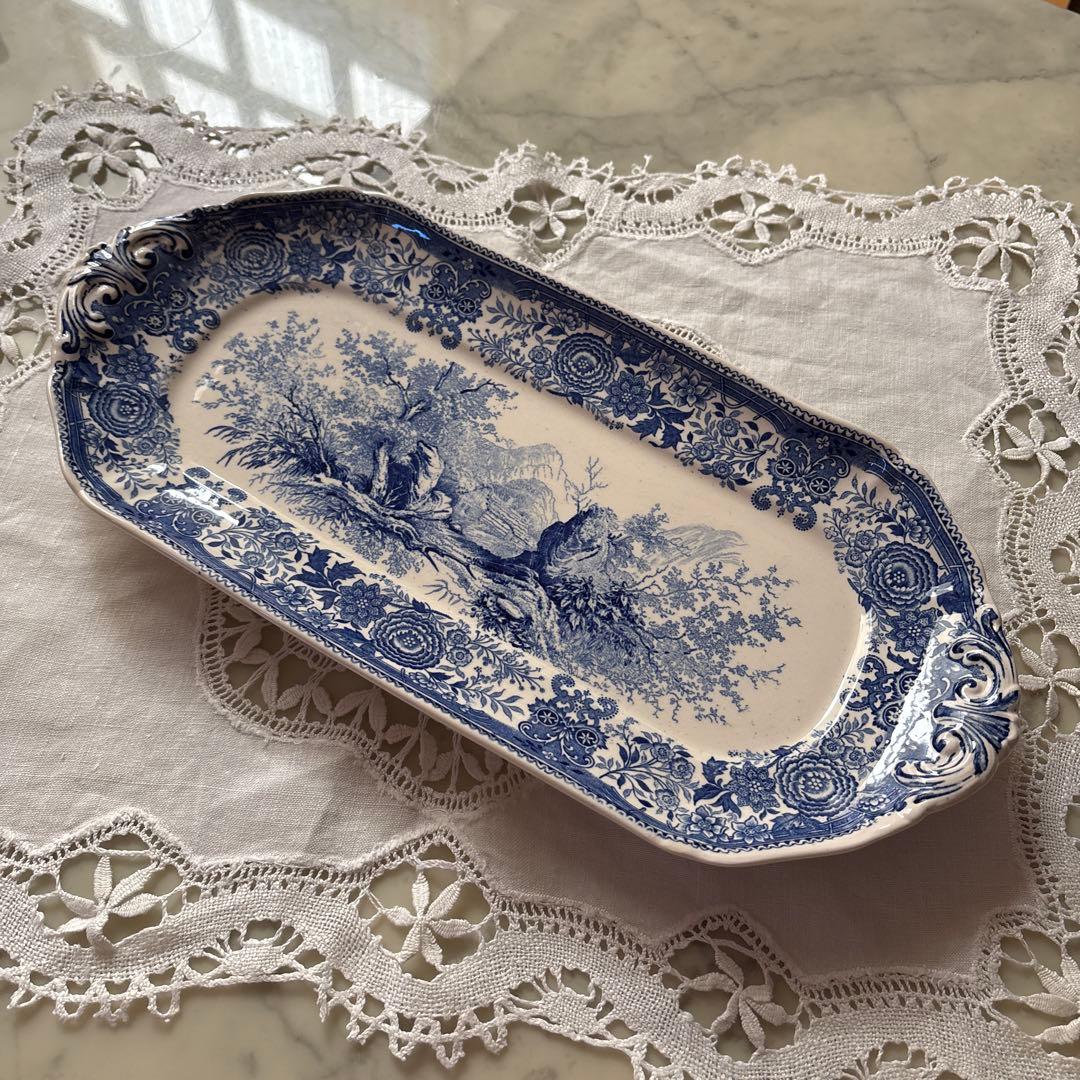 ドイツ　アンティーク　ヴィンテージ　ビレロイ&ボッホ　ケーキプレート　ブルー