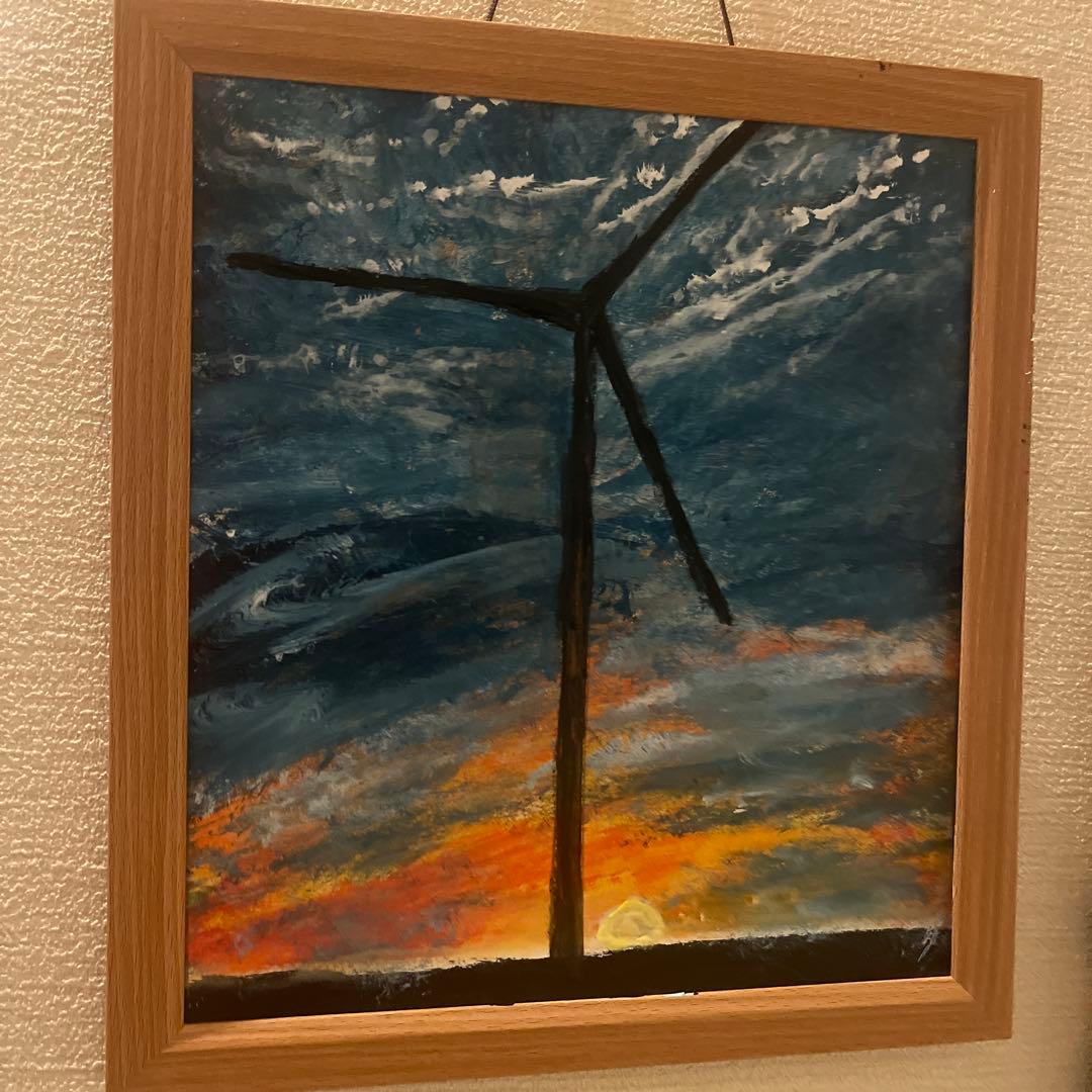 風力発電 油彩画 夕日27cm25cm