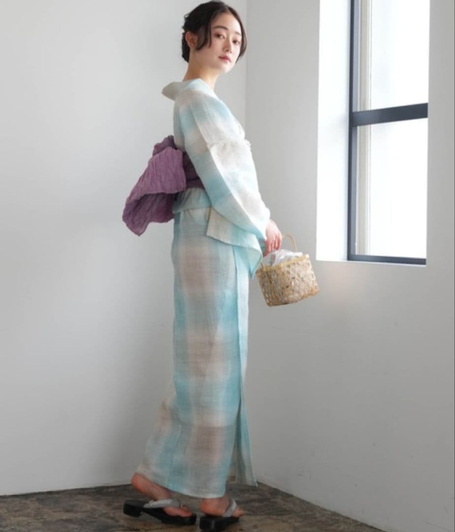 【新品】浴衣　セット 近江ちぢみ 水色　麻100%　日本製　高級浴衣