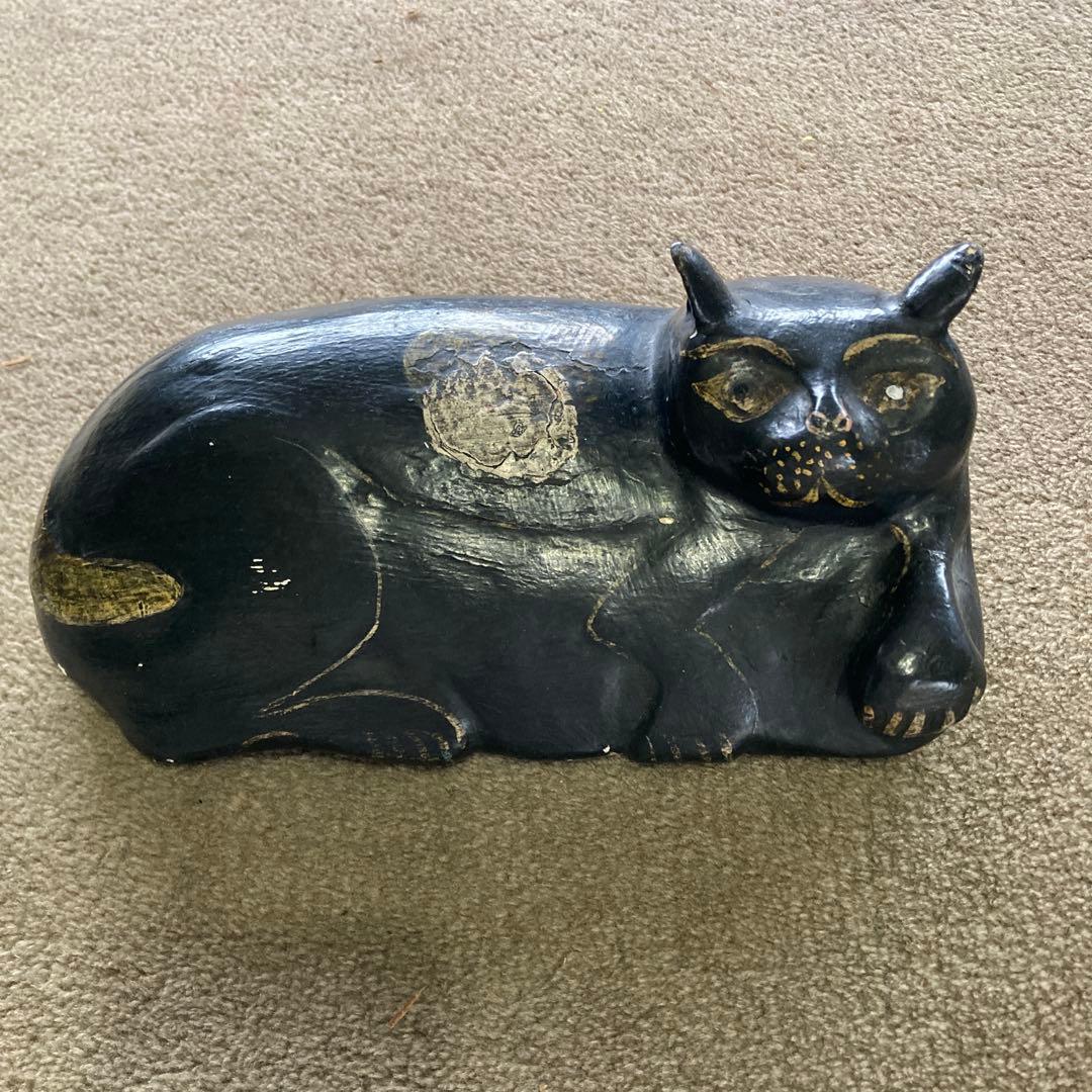 黒猫 木彫り 26cm アンティーク オブジェ オールドキャット