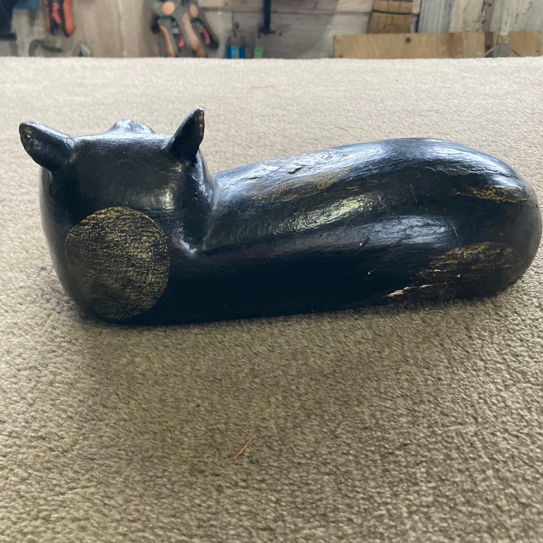 黒猫 木彫り 26cm アンティーク オブジェ オールドキャット