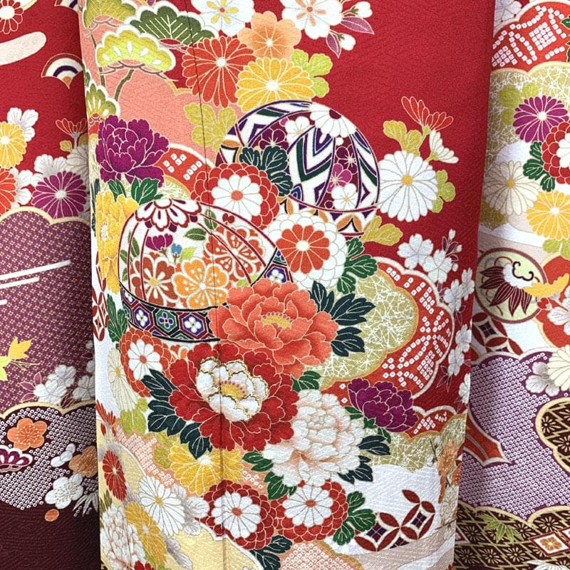 508z8〇京都きもの友禅 古典柄 振袖 地紋 毬 松竹梅 赤〇成人式 結婚式