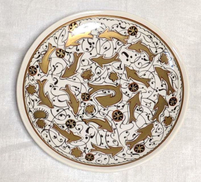 幸兵衛窯 金彩白釉魚紋皿 金色の魚の装飾の陶器皿　5枚セット