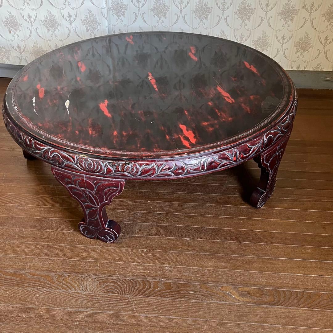 【アンティーク】李朝 彫刻 天然木 座卓 ちゃぶ台 センターテーブル 古家具