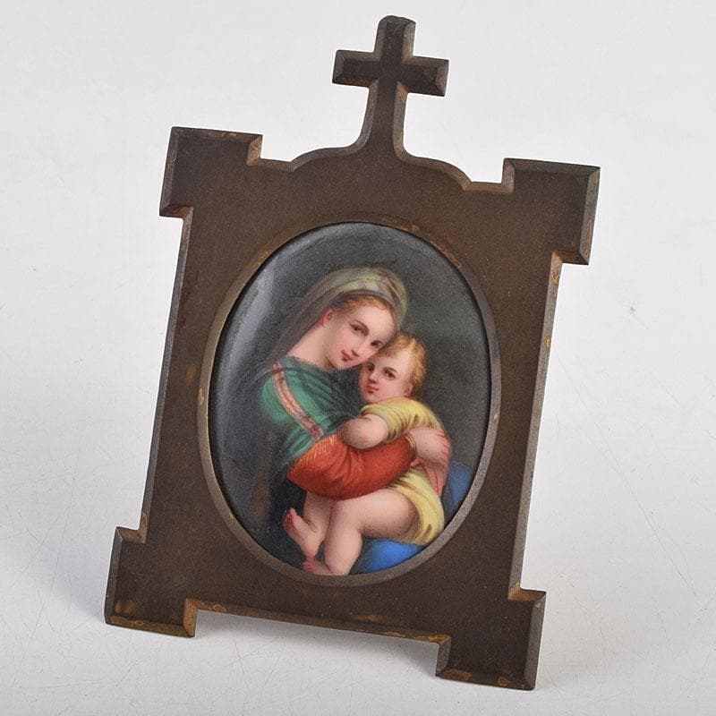 キリスト教　陶器製　聖像画　イコン　聖母子　銅製フレーム　M　R9408