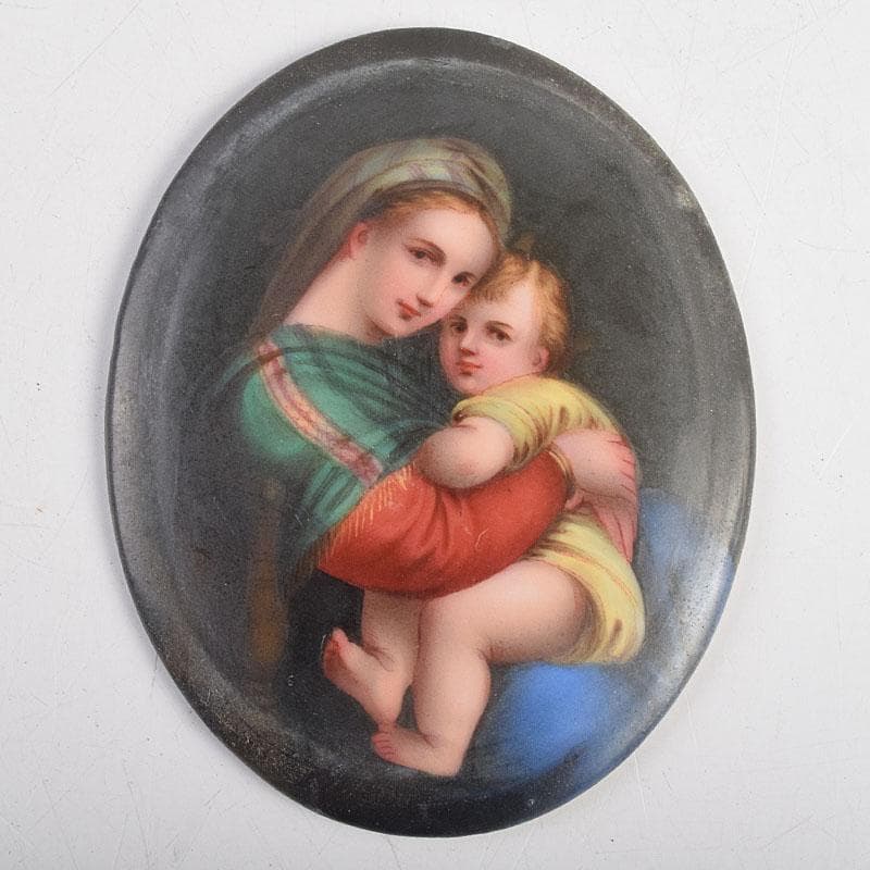 キリスト教　陶器製　聖像画　イコン　聖母子　銅製フレーム　M　R9408