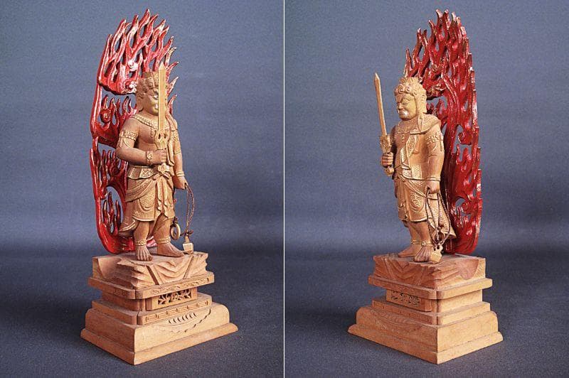 金泥淡彩色!!『木造 不動明王立像』総高25㎝ 像高13.6㎝