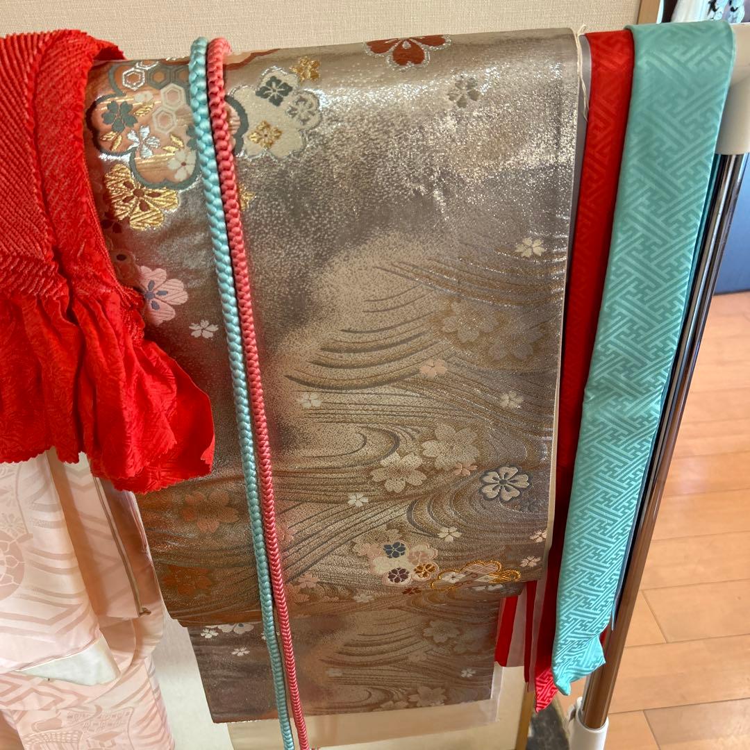 正絹　振袖 ピンク 赤 蝶 花模様 一式