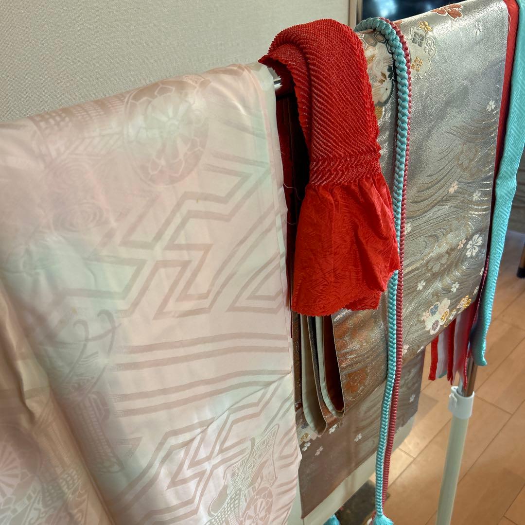 正絹　振袖 ピンク 赤 蝶 花模様 一式