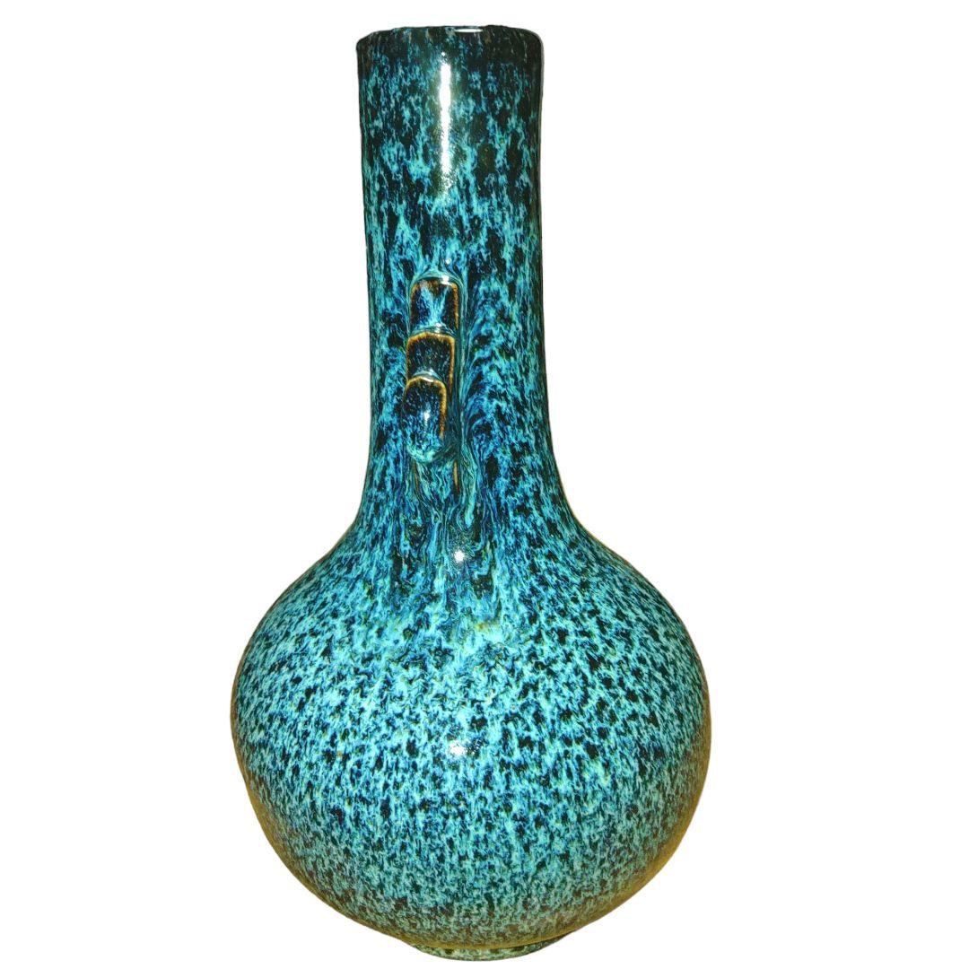 中国古玩　海鼠釉双耳長頚瓶　高さ25cm