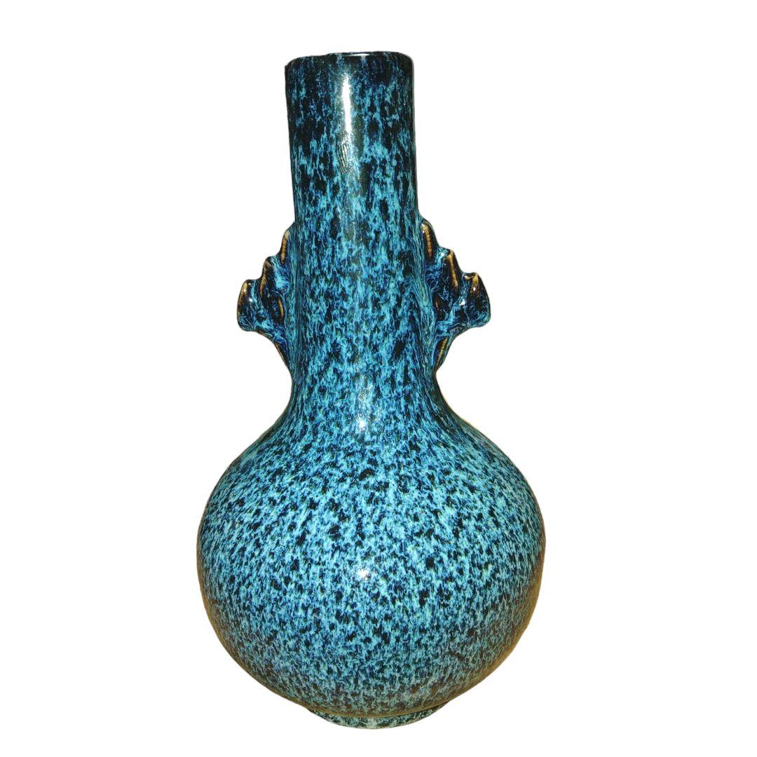 中国古玩　海鼠釉双耳長頚瓶　高さ25cm