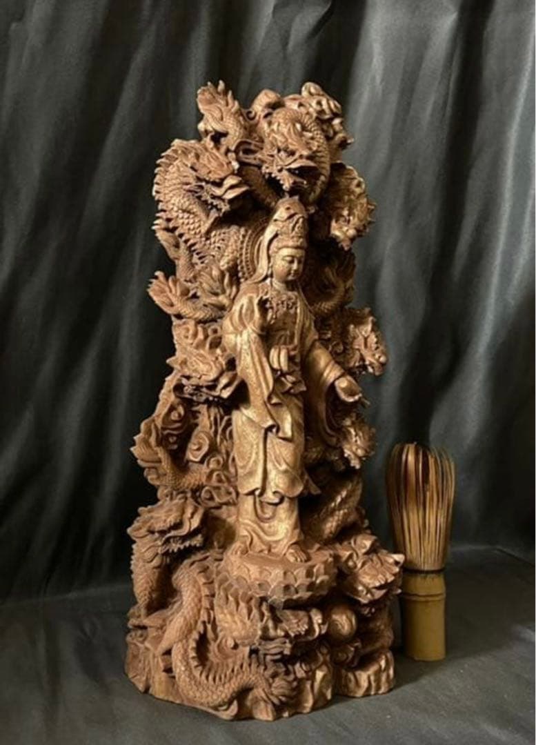 仏教工芸品　総楠製　井波彫刻　一刀彫　極上彫　木彫仏像　九龍観音菩薩立像