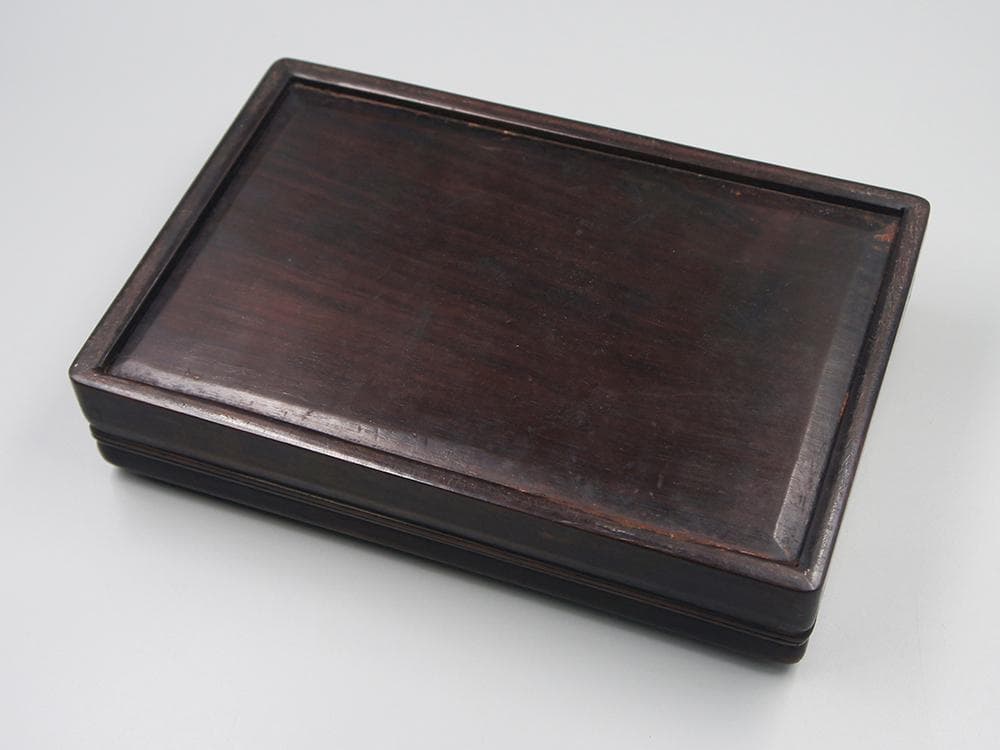 【木】　★ 竹木 黄花梨木四方硯盒 ★　清朝期　鬼顔 麦穂 木目模様　文房珍玩