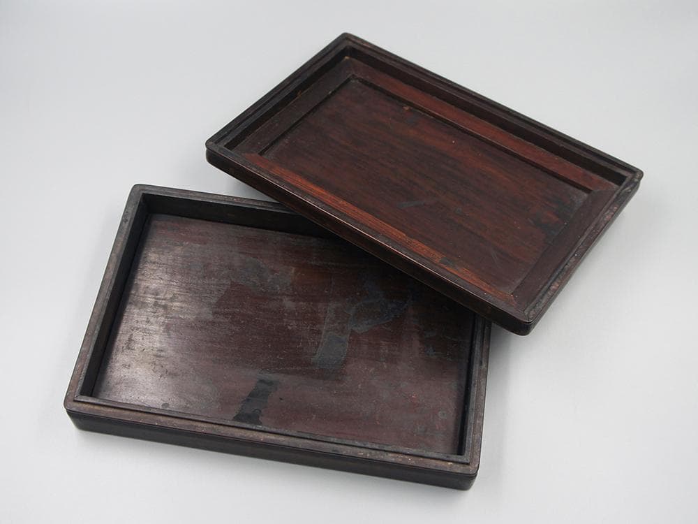 【木】　★ 竹木 黄花梨木四方硯盒 ★　清朝期　鬼顔 麦穂 木目模様　文房珍玩