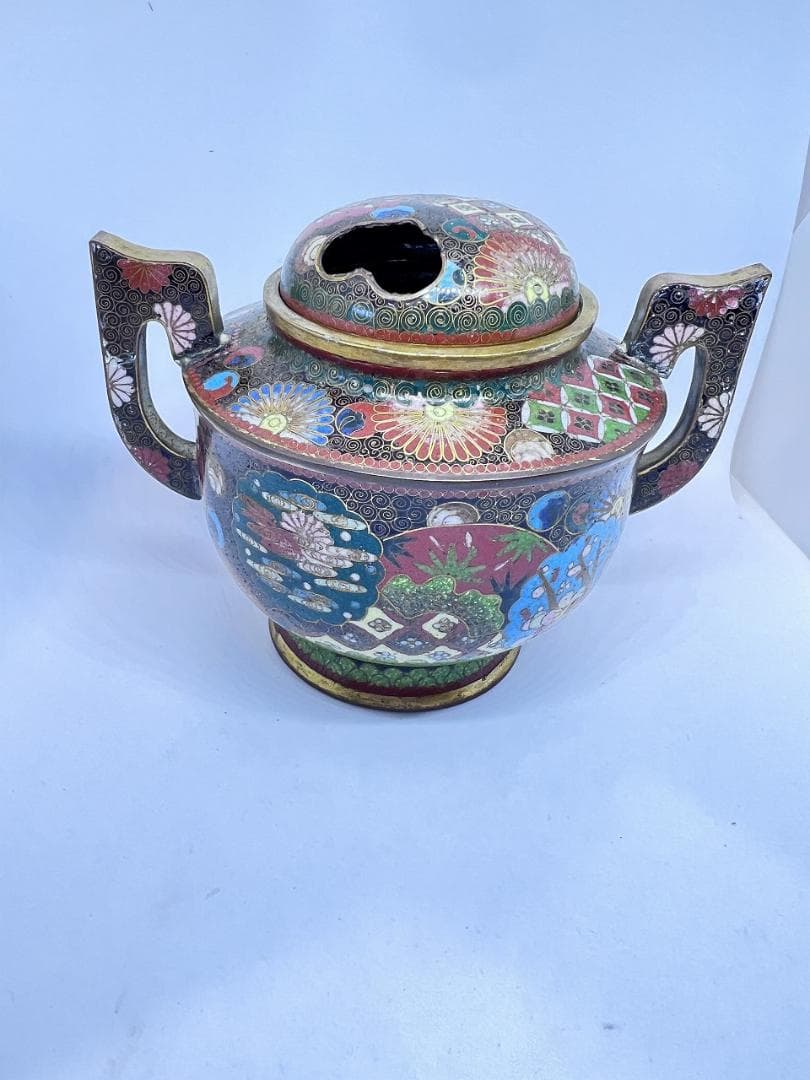 七宝香炉　蓋付き　明治期　合せ箱　花草紋　菊　梅 W12×D10×H9㎝